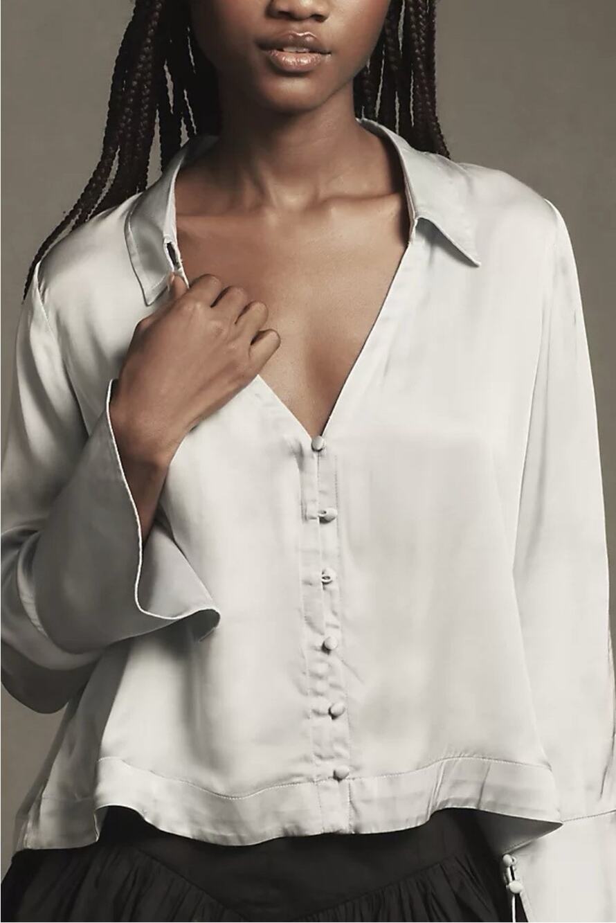 Anthropologie Brown Slinky V Neck Button Front Boxy Crop Blouse Sz L